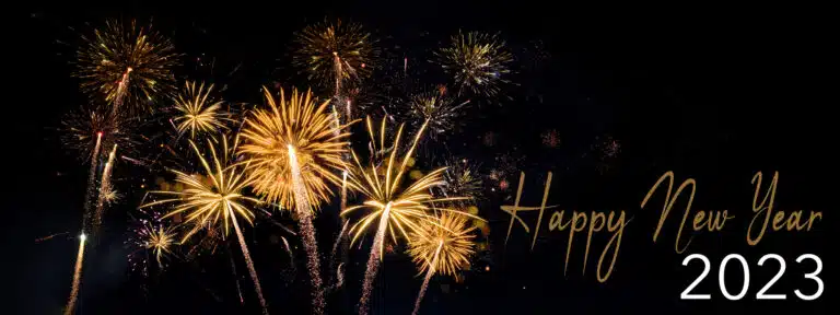 HAPPY NEW YEAR 2023 - Celebration New Year's Eve, Silvester 2023 holiday background panorama greeting card - Goldeen firework fireworks pyrotechnics on dark night sky.