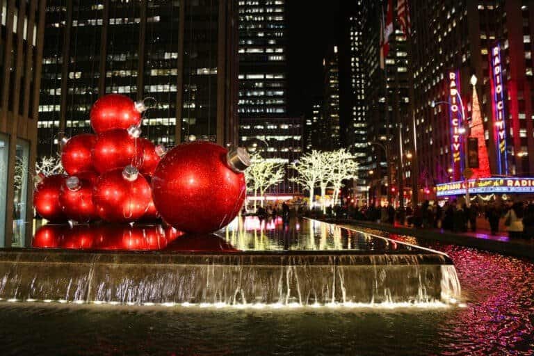 New York City landmark, Radio City Music Hall in Rockefeller Center decorated with Christmas decorations in Midtown Manhattan