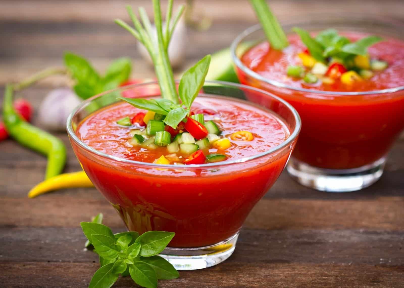 Tasty Gazpacho on wooden table. Spanish Food