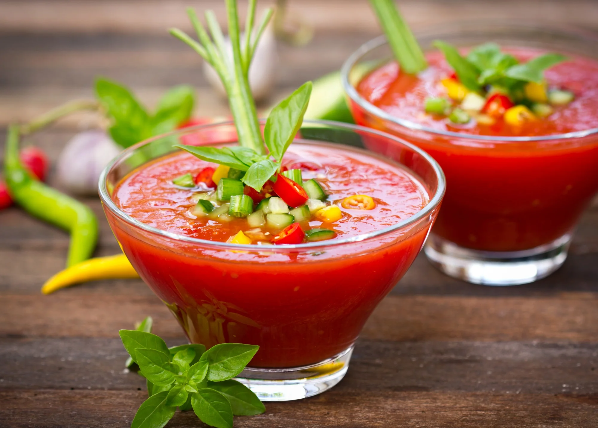 Tasty Gazpacho on wooden table. Spanish Food