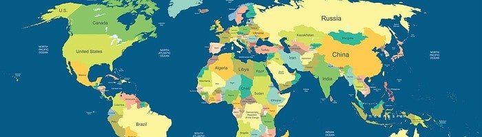 Highly detailed political world map on dark blue background. All the countries in the world