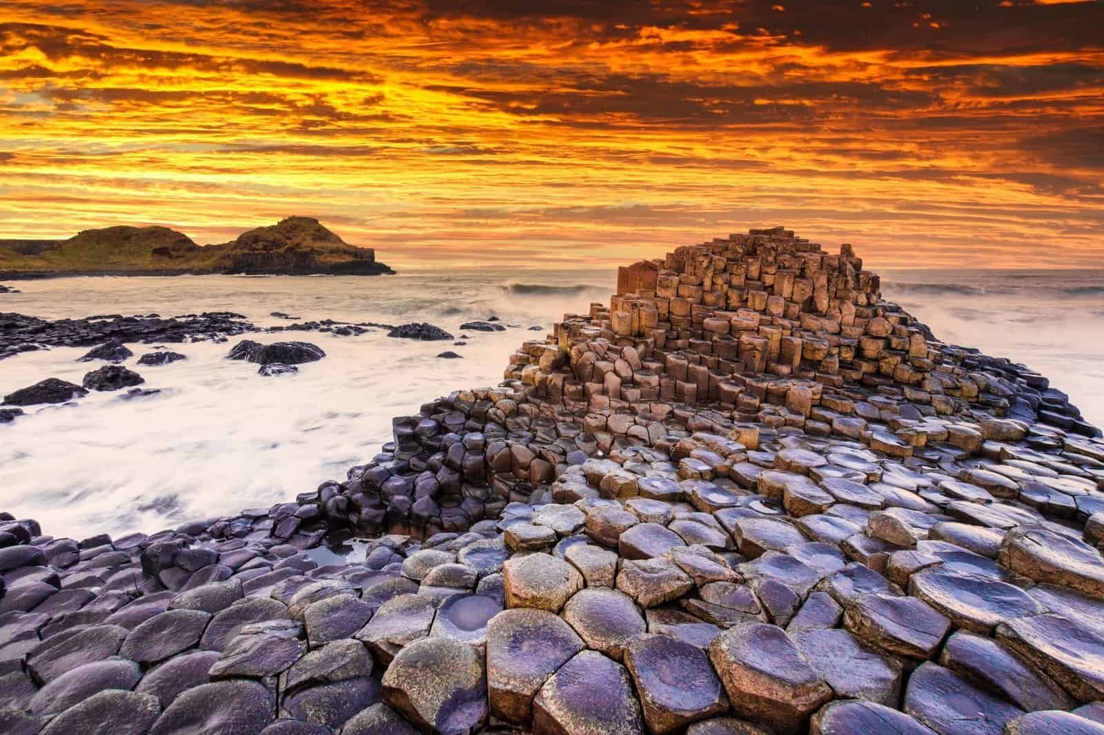 Sunset view on the Giants Causeway in Northern Ireland. The greenest island in Europe