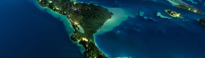 Highly detailed Earth, illuminated by moonlight. The glow of cities sheds light on the detailed exaggerated terrain. Night. The countries of Central America. Elements of this image furnished by NASA