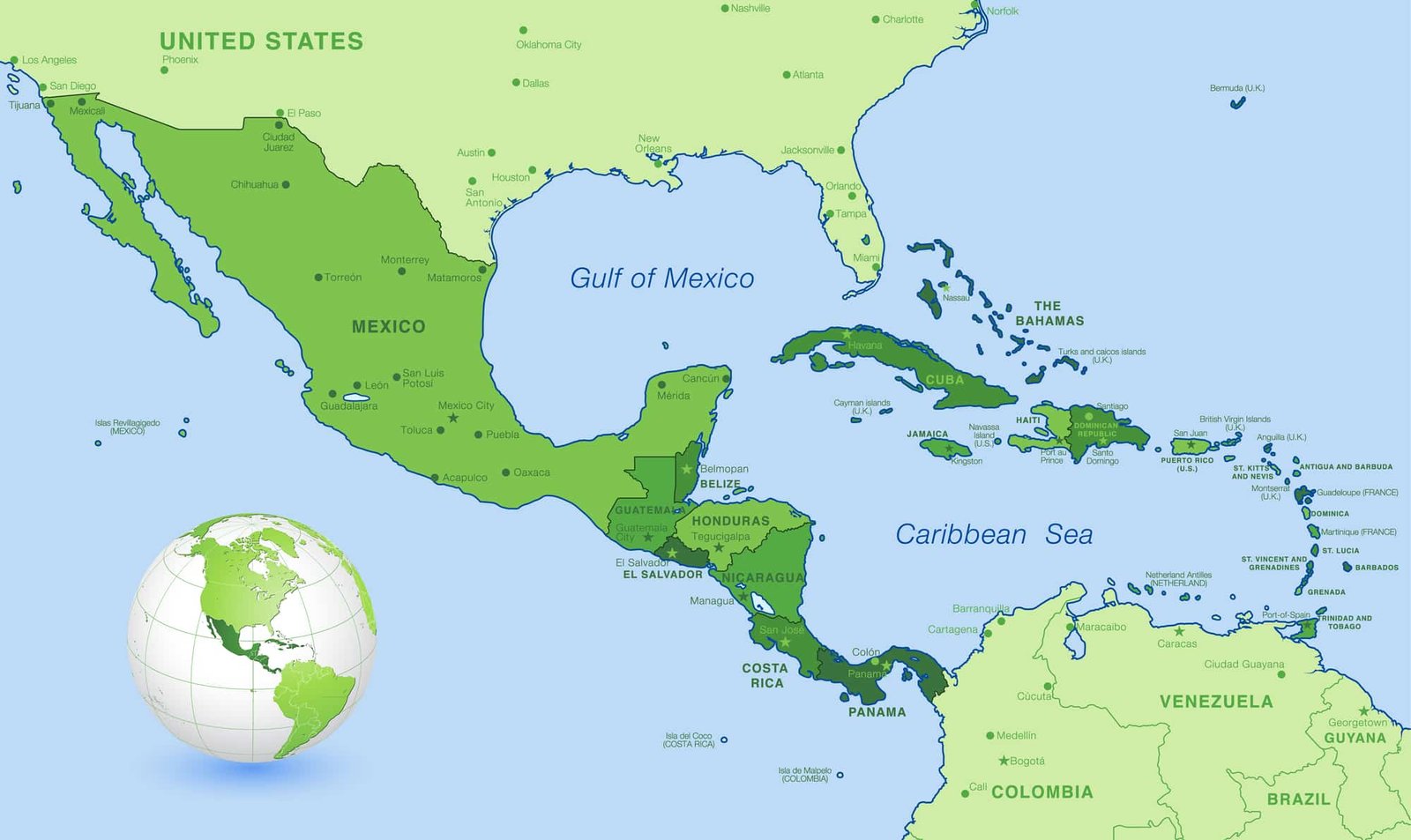 High detail map of Central america, with a 3D Globe centered on these countries.