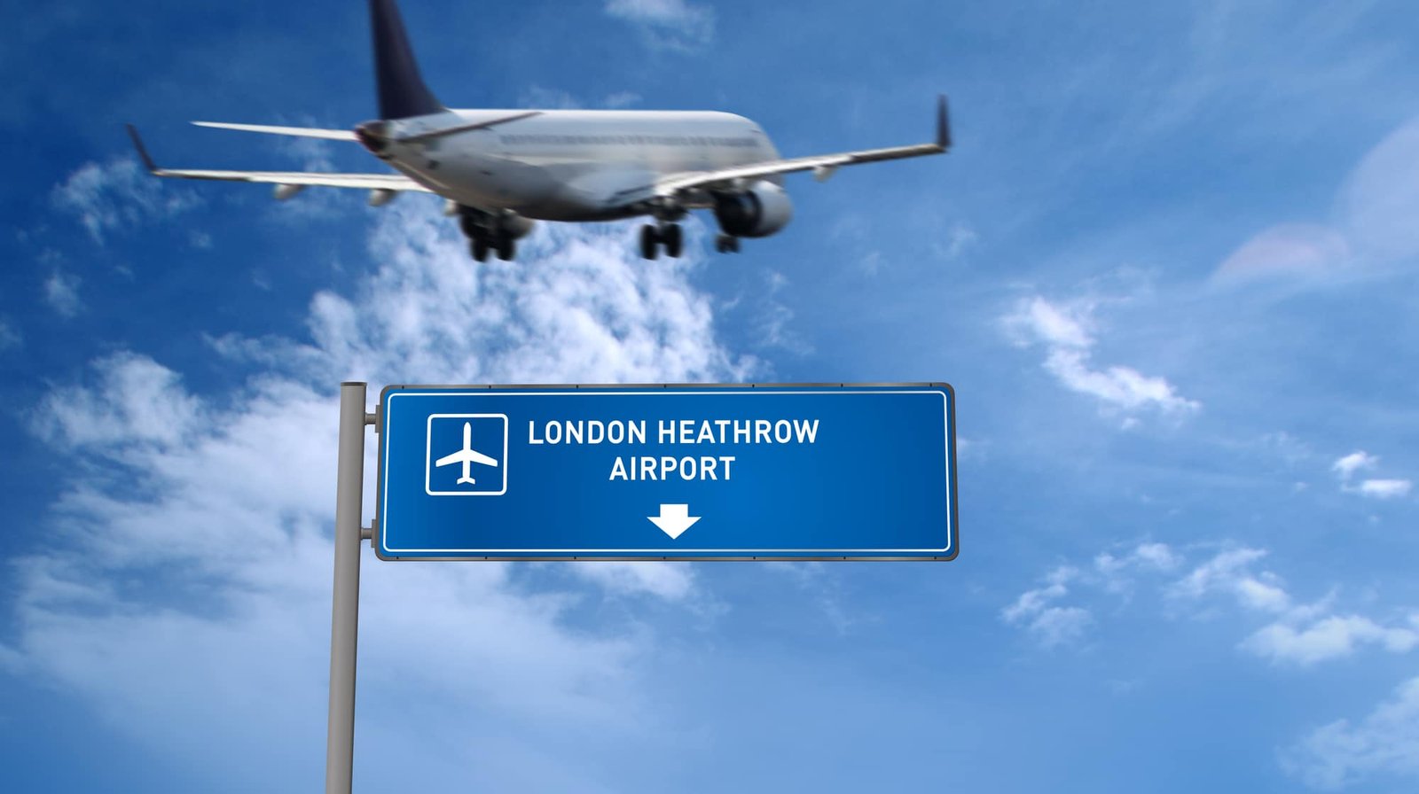 Airplane silhouette landing in London Heathrow, England, Great Britain. City arrival with airport direction signboard and sunset in background. Trip and transportation concept 3d illustration.