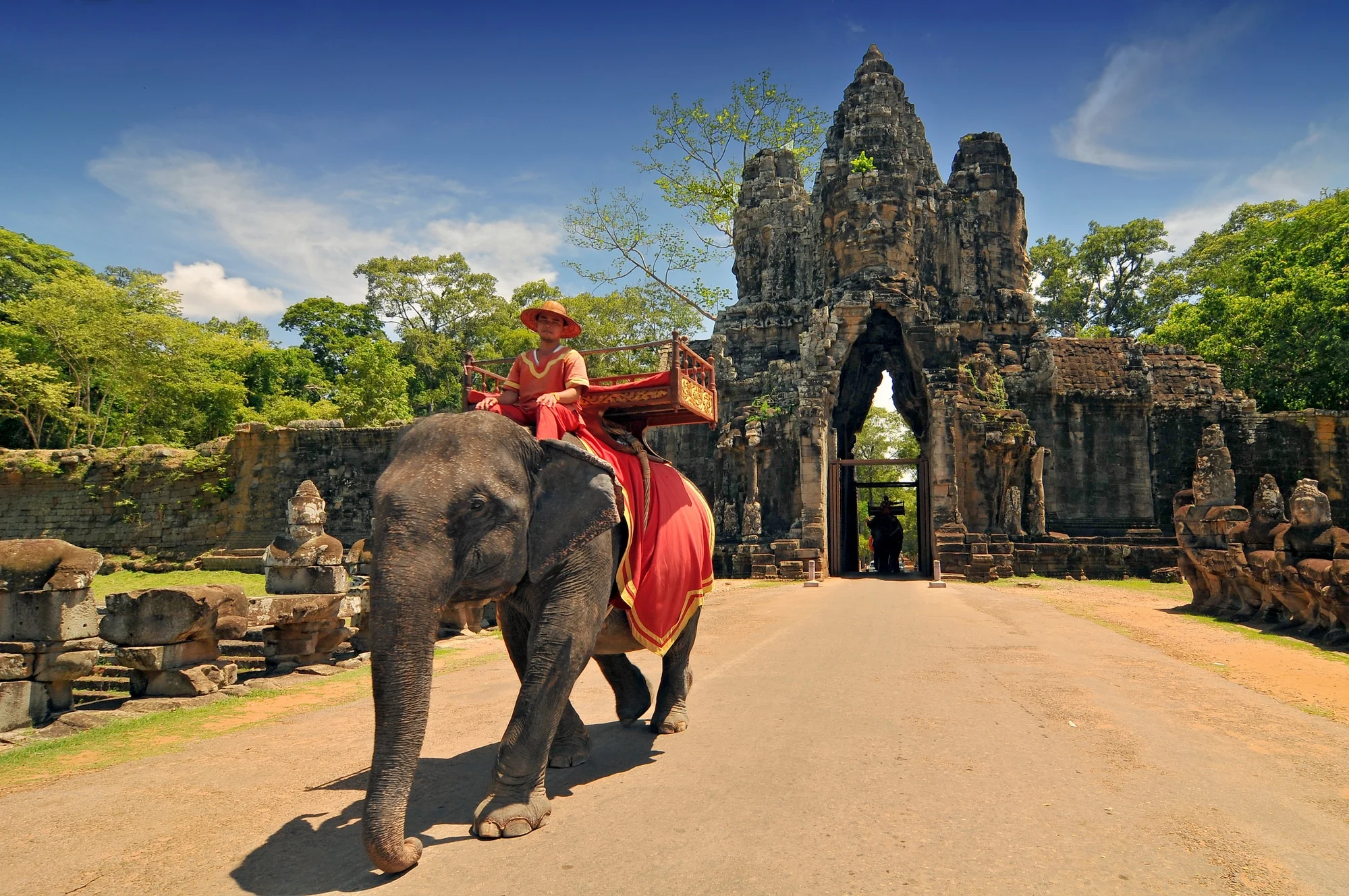 Elephant rides for tourists at Cambodia's most famous tourist attraction, the temple Angkor Wat in Siem Reap