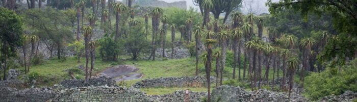 Stone ruins surrounded by lush green trees and tall palm trees, scenic outdoor landscape in a tropical region.