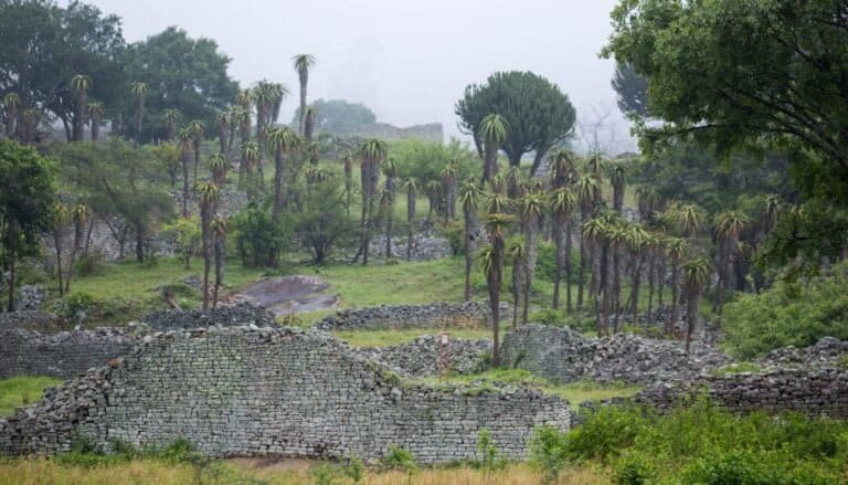 Stone ruins surrounded by lush green trees and tall palm trees, scenic outdoor landscape in a tropical region.