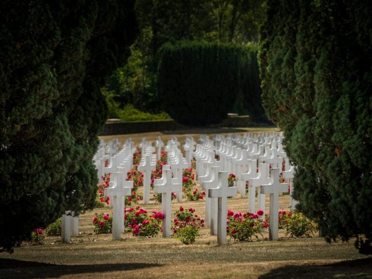 White crosses and pink flowers at a memorial site framed by lush green bushes.