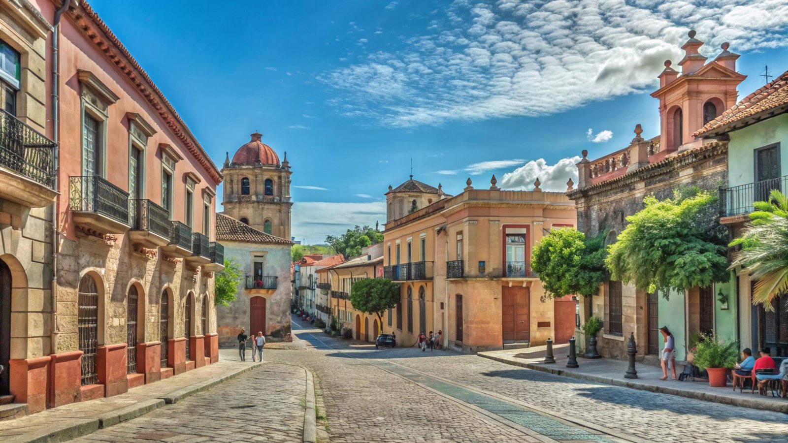 Ascunsion: Cobblestone street lined with old buildings and palm trees.